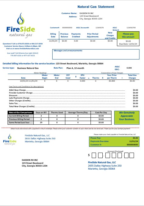 USA California FireSide natural gas busienss utility bill template in Word and PDF formats